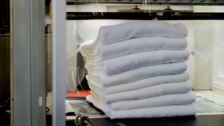 White towels being wrapped in transparent protective foil