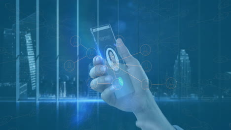 Holding smartphone, digital network animation over cityscape in background