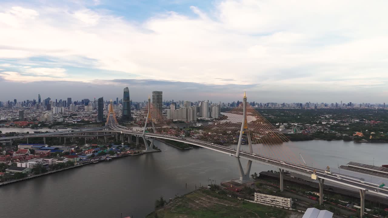 Fly towards Bhumibol Bridge in Bangkok, Thailand