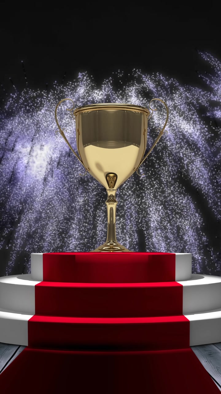 Animazione di un trofeo d'oro e fuochi d'artificio bianchi su gradini in una location con tappeto rosso, su sfondo nero