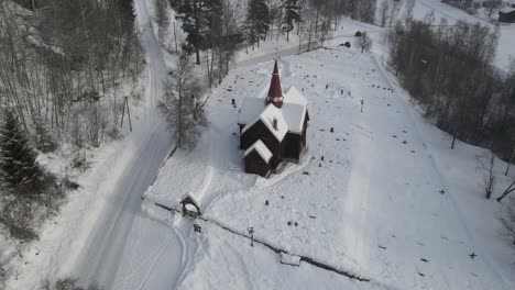 areal footage of rollag stave church in norway
