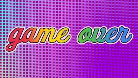 animación de juego retro sobre texto arco iris sobre gradiente malla púrpura y azul el fondo