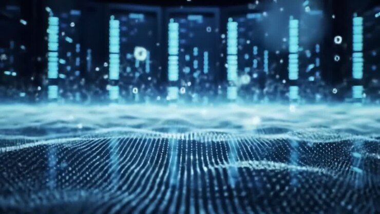 A Mesmerizing Digital Landscape: Exploring a Dynamic, Glowing Ocean of Data Points and Patterns in a High-Tech Environment