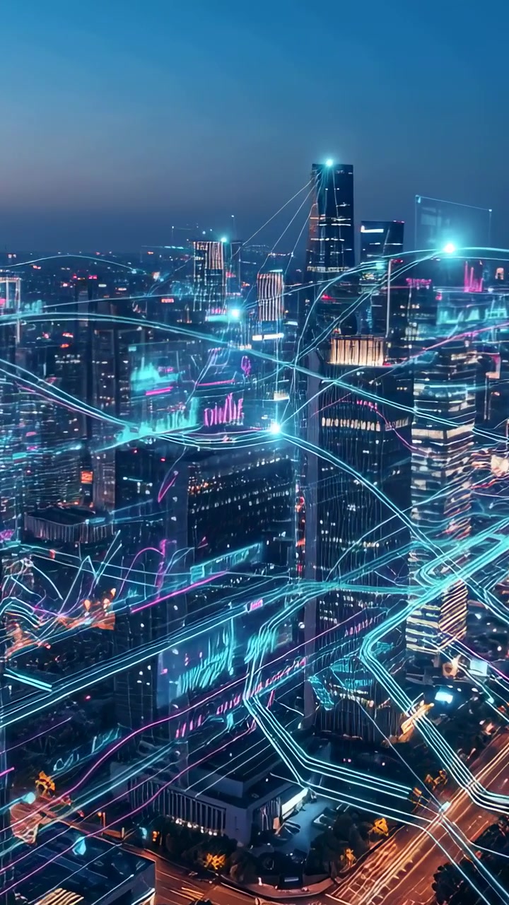 Video verticale: Cala la sera, illuminando lo skyline della città mentre tracce al neon mappano le strade e nodi pulsanti.