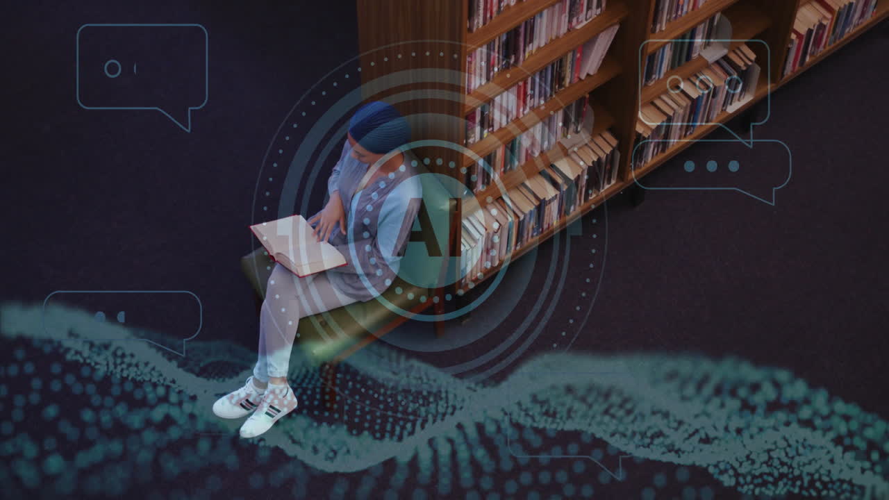 Animation of ai text and data over biracial female student in hijab reading book