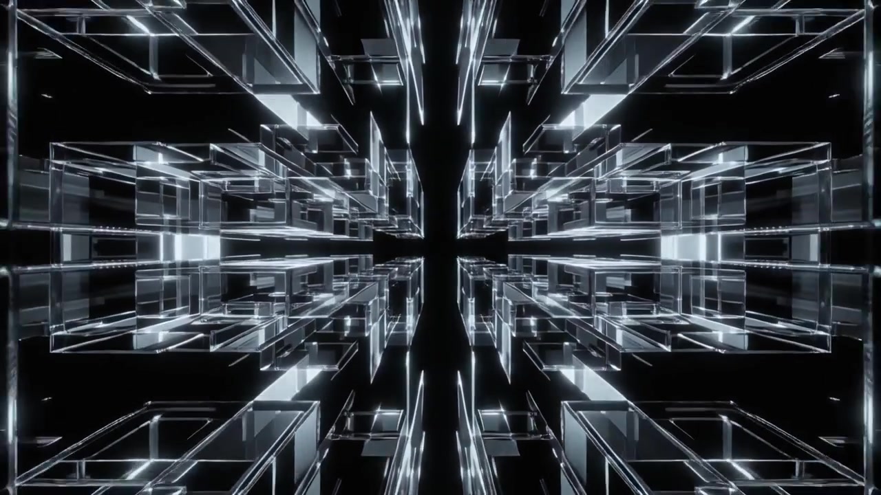 Abstract Motion Graphics of Glowing Glass Cubes in Dark Space