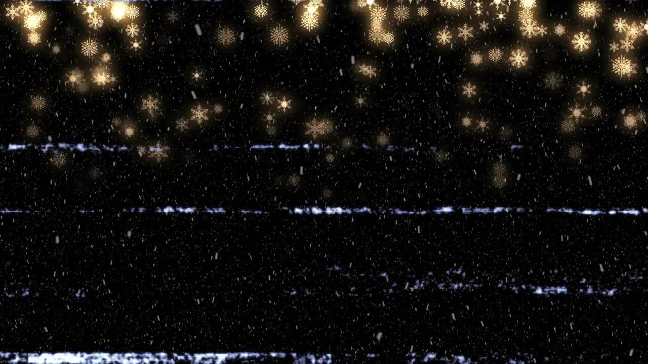 Sequence opening specks drifting, golden snowflakes pulsing with glitch bars flickering, looping