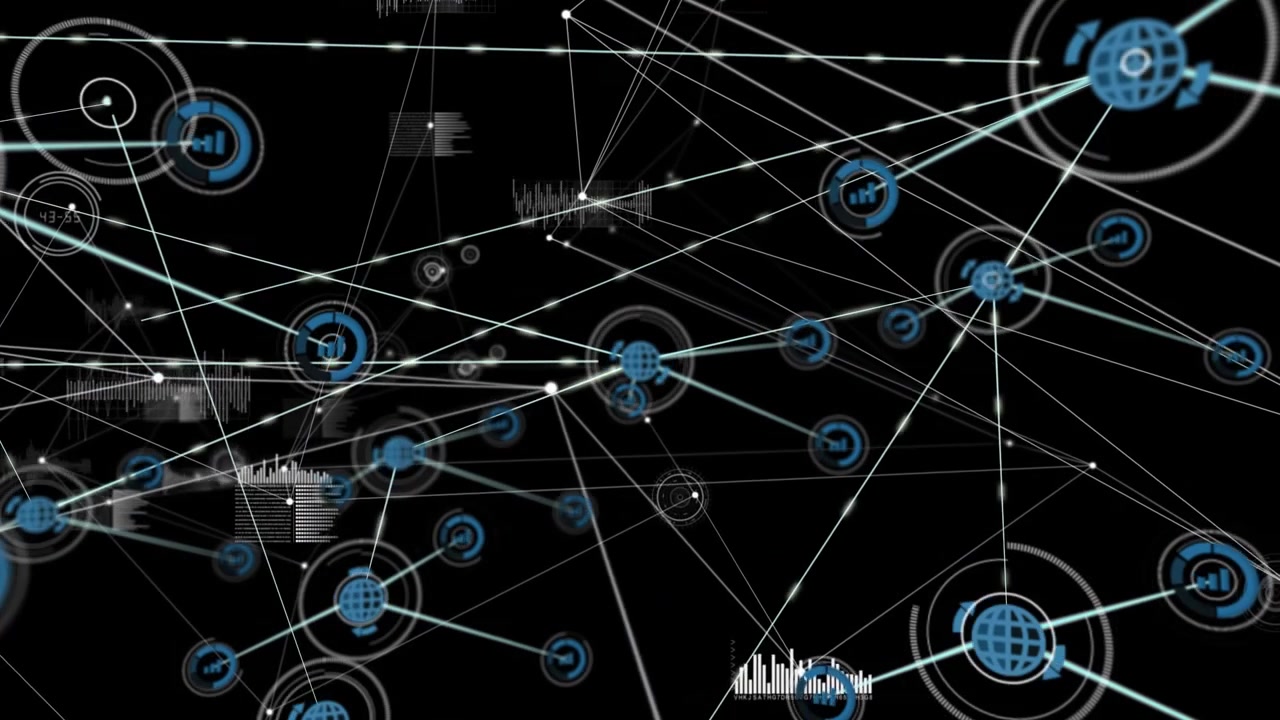 Animation of network of connections with icons on black background
