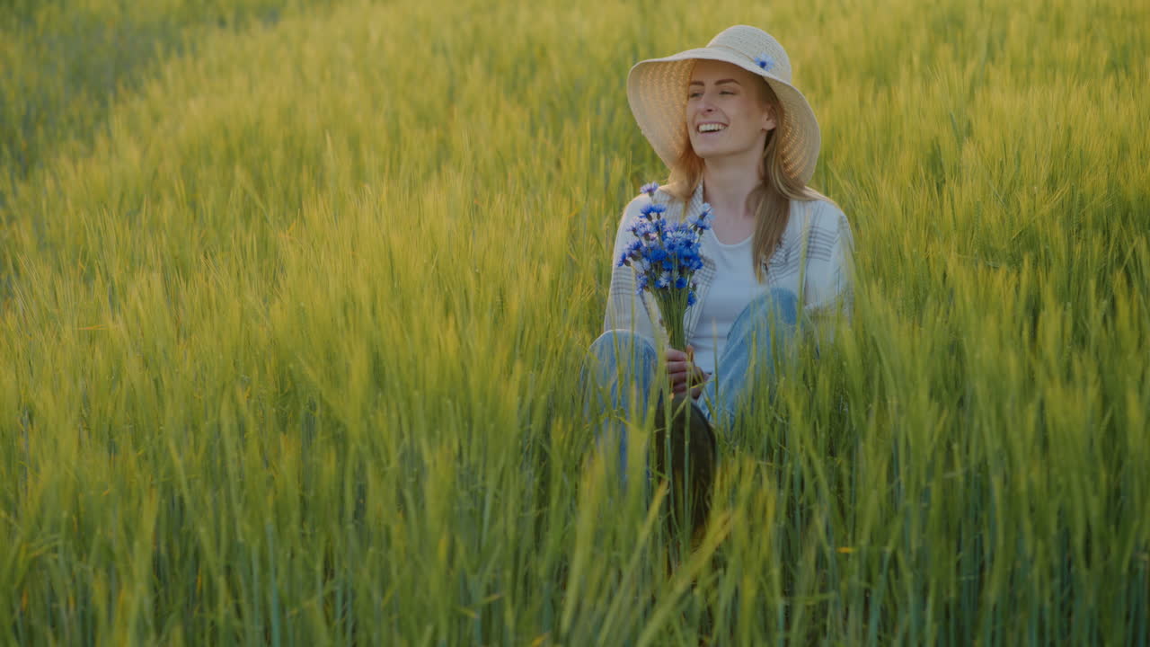 Beautiful Woman Sitting in Meadow with Flowers During Sunset