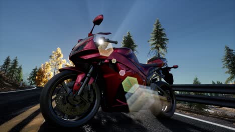 sportbike on tre road in forest with sun beams