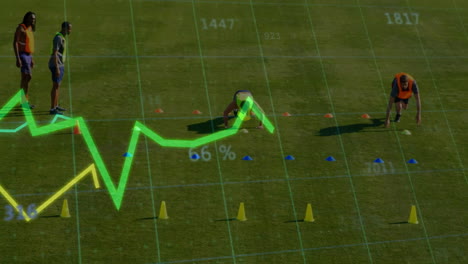 green line graph and percentage animation over athletes training on field