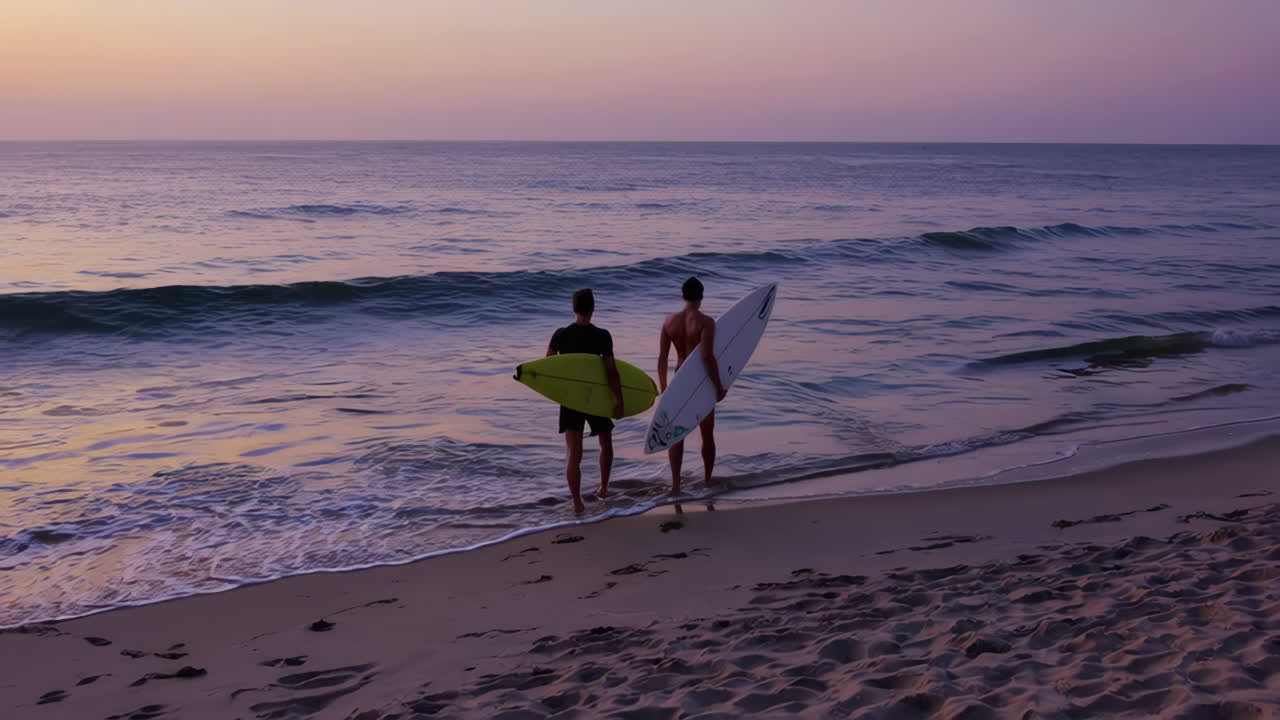Two surfers walking along the beach at sunset