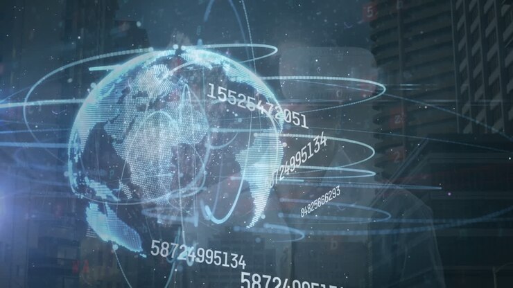 Animation of numbers, globe and connections over caucasian man in vr headset