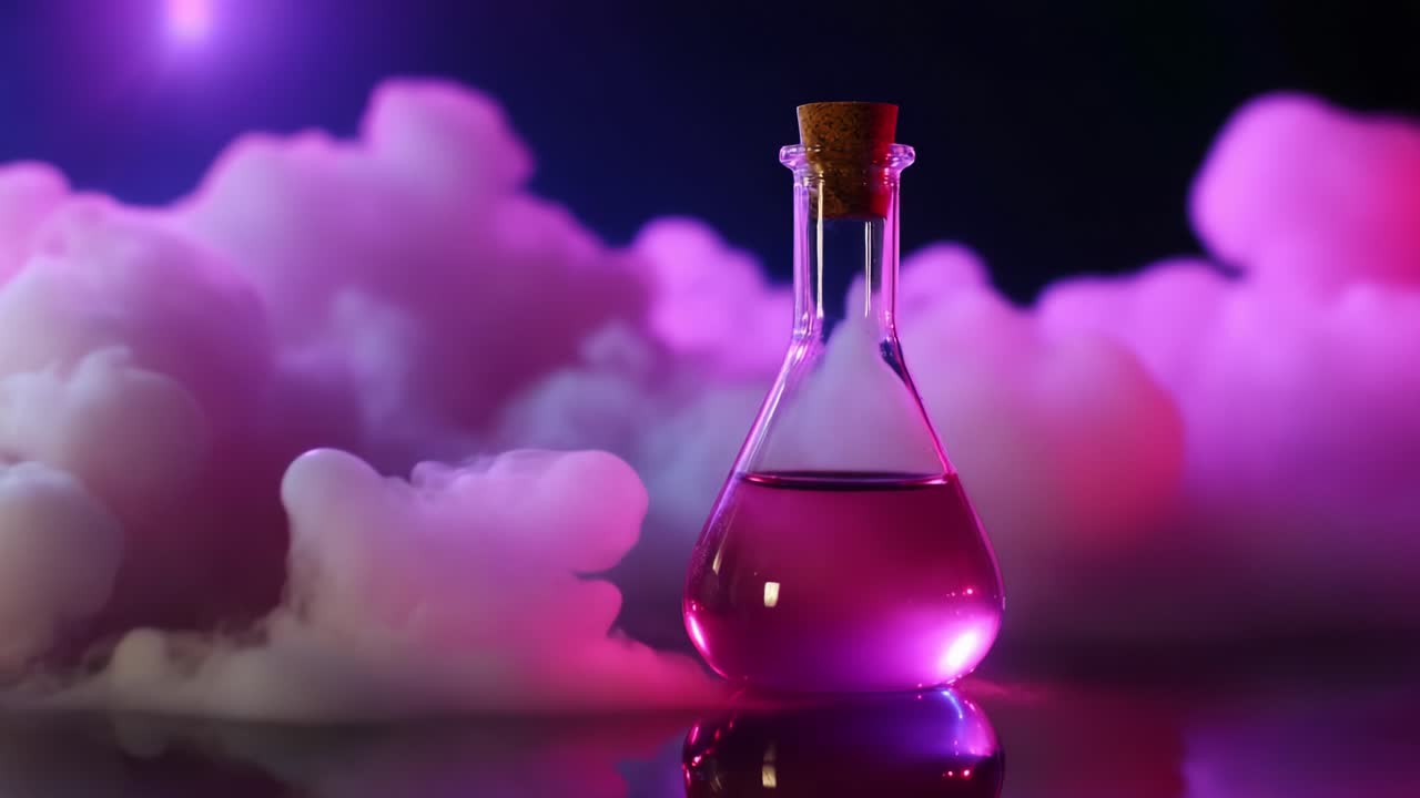 A stunning visual of a beaker filled with vibrant pink liquid, surrounded by swirling clouds of colorful vapor, creating an atmospheric and captivating scene indicative of experimental chemistry
