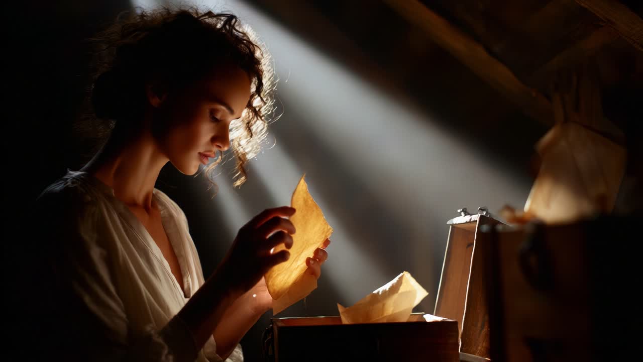 A Young Woman in a Dimly Lit Attic Examines Vintage Letters with Care, Bathed in Soft Rays of Light While Surrounded by Intriguing Objects of the Past