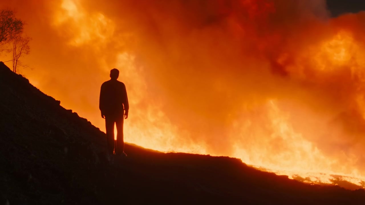 Una figura umana scura rimane eretta lungo un crinale in ombra mentre un intenso fuoco arancione si propaga dietro, con fiamme incandescenti e fumo denso che riempiono l'ampia composizione in controluce.