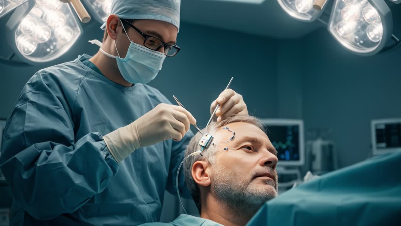 Skilled surgeon meticulously implants hair follicles into the scalp of a male patient, using specialized tools in a sterile operating room environment