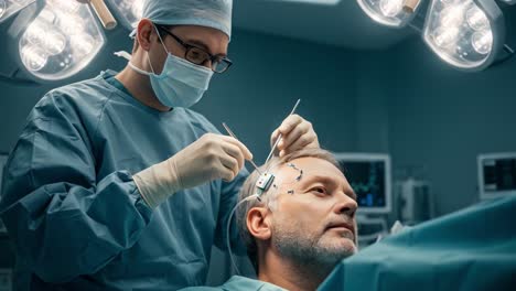 skilled surgeon meticulously implants hair follicles into the scalp of a male patient, using specialized tools in a sterile operating room environment