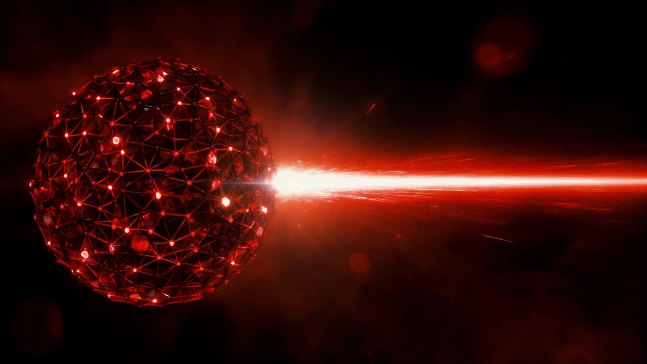 Sfera rossa luminosa futuristica che emette un potente raggio laser