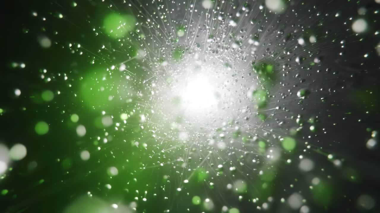 A mesmerizing burst of lights and particles radiates outward in a stunning green and white cosmic display, creating a sense of wonder and vastness in a surreal environment