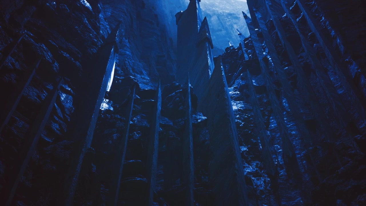 Endless chasm corridor framed by towering stone spires under luminous galaxy
