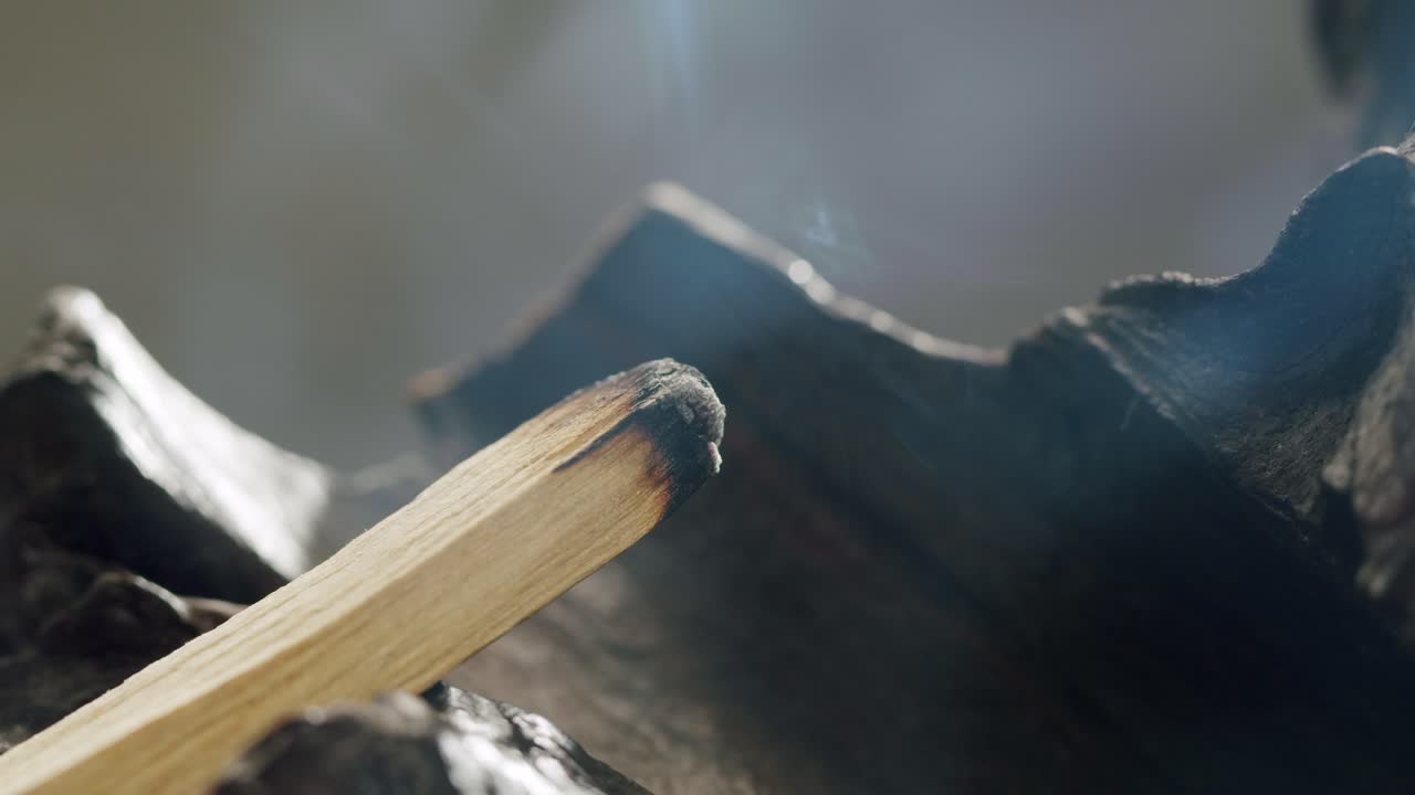 Person holding Palo Santo wood stick in hand, aromatic Palo Santo burning on black background, smoke spreading around, slow motion video clip, high quality 4k close up footage. High quality 4k footage