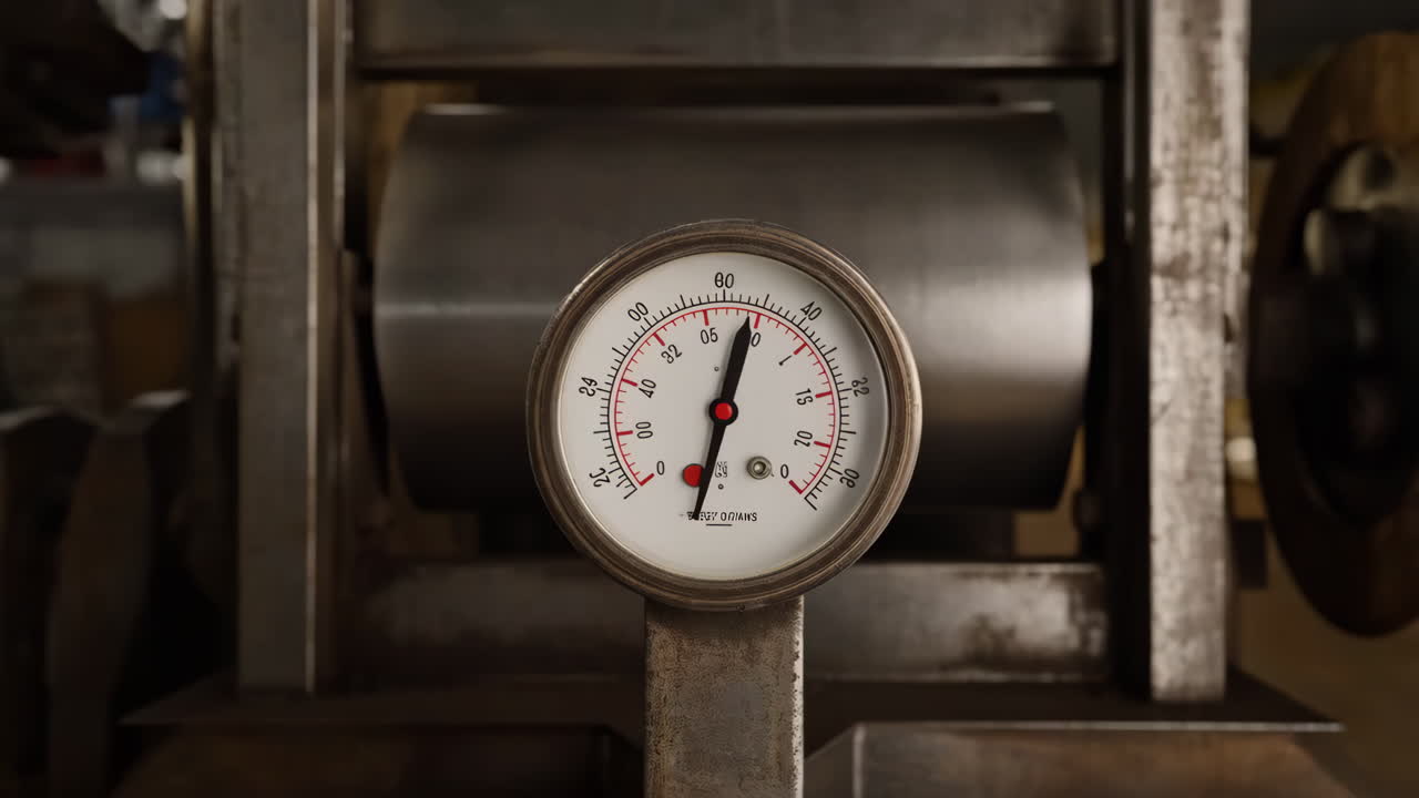 Close-up of an industrial pressure gauge on a machine