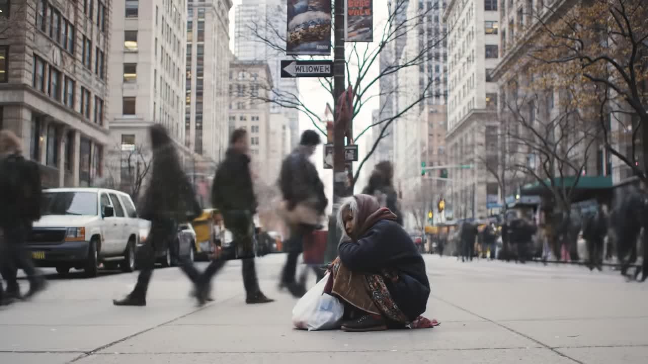 In a bustling urban area, a solitary person sits on the sidewalk with bags, while pedestrians walk past without noticing. The dynamic contrast highlights the issue of homelessness in the city.