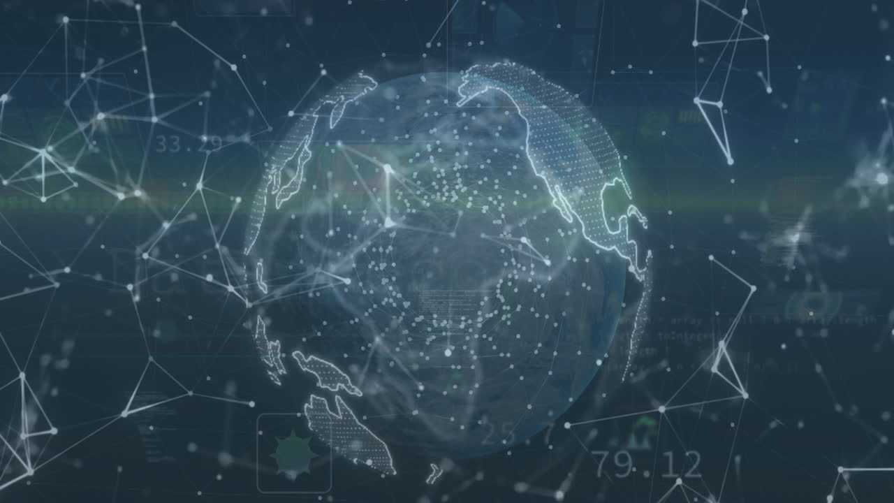 Animation of network of connections over globe and ecology icons