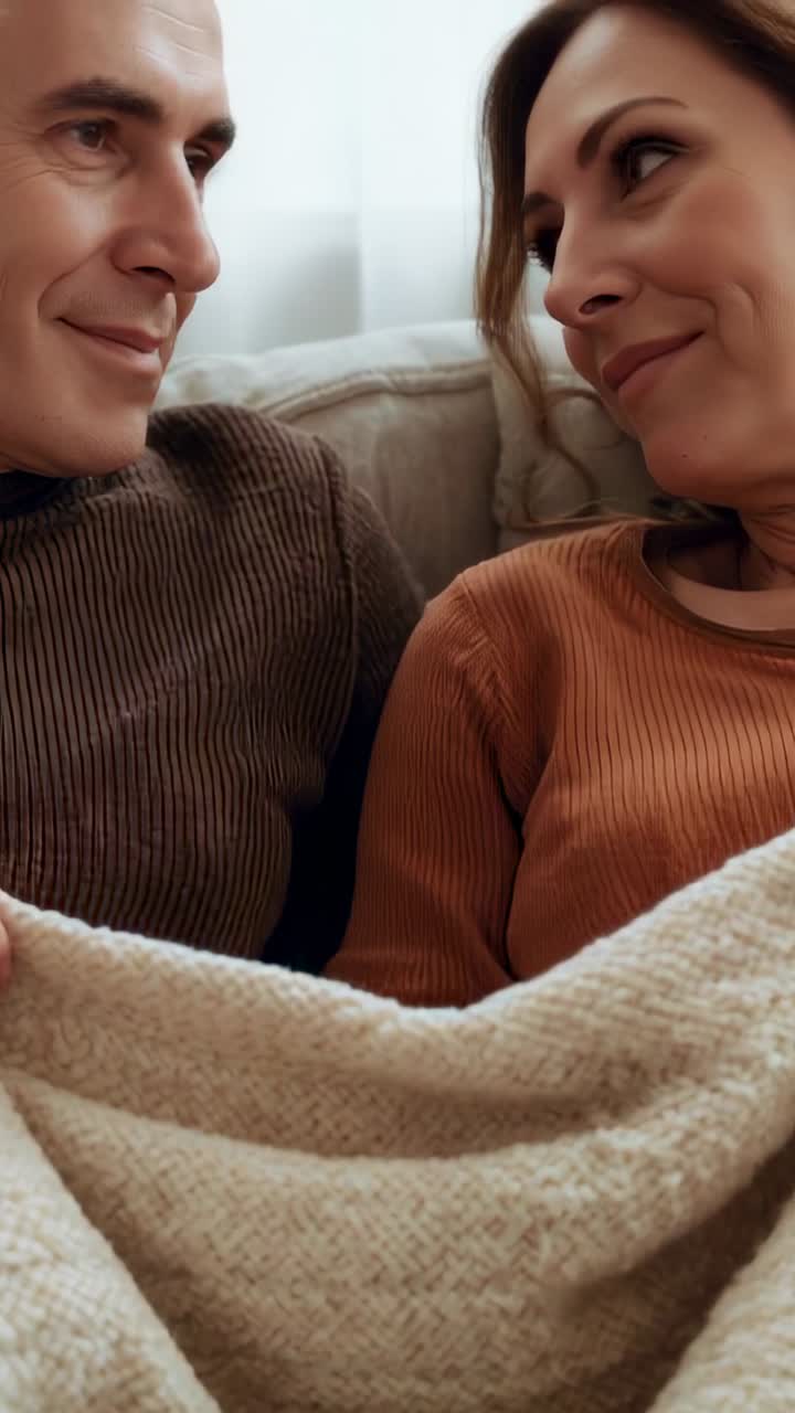 Video verticale: coppia che si guarda negli occhi sul divano, stretta in una coperta beige e con indosso top a coste