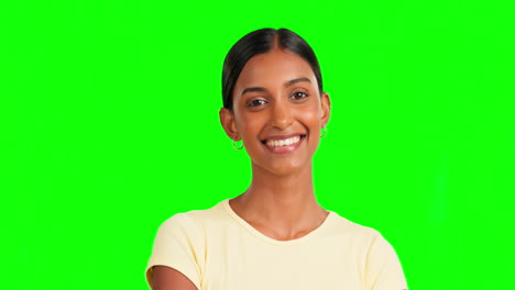 Face,-green-screen-and-Indian-woman-with-smile