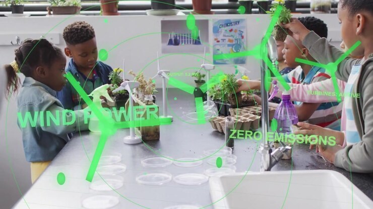 Bambini che piantano piantine su una panchina, con un insegnante che indica e mostra turbine eoliche in AR, insegnando le emissioni zero.