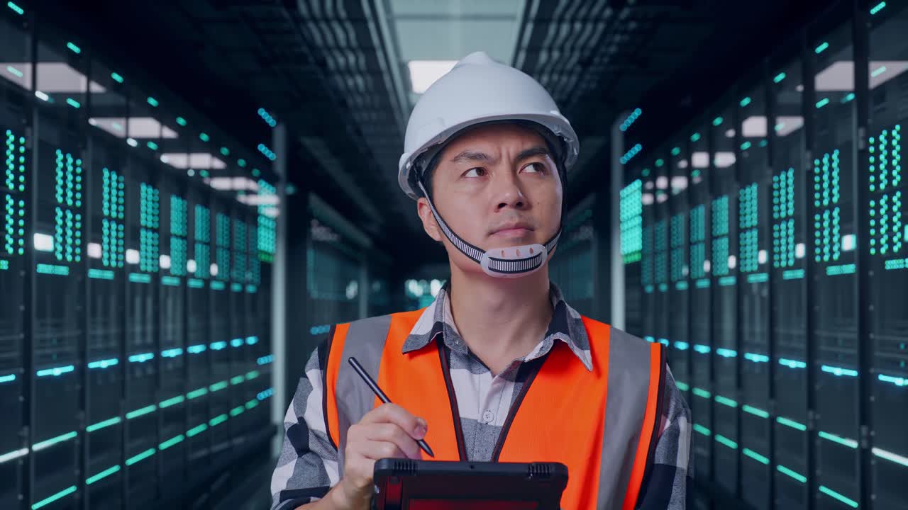 データセンターのサーバールームで、安全ヘルメットを着用したアジア人男性エンジニアがタブレットにメモを取りながら周囲を見回しているクローズアップ。
