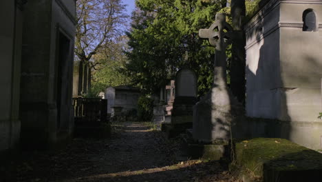 moving forward shot between the graves in pere lachaise cemetary in paris, france