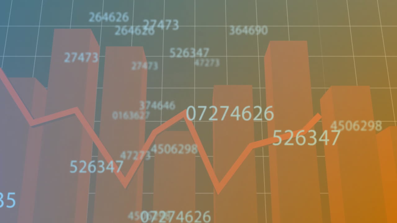 Animation of data processing over diagrams on blue background