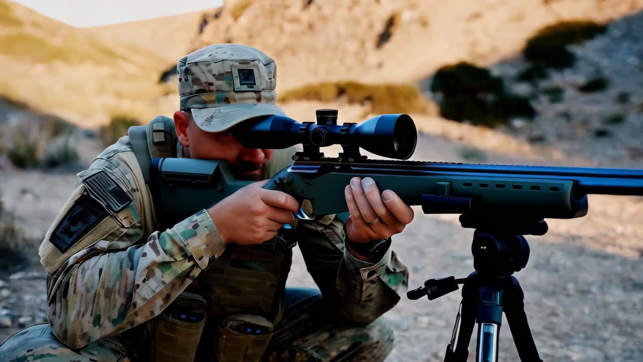 Sniper in Camouflage Aiming a Rifle in Outdoor Terrain