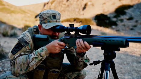 sniper in camouflage aiming a rifle in outdoor terrain