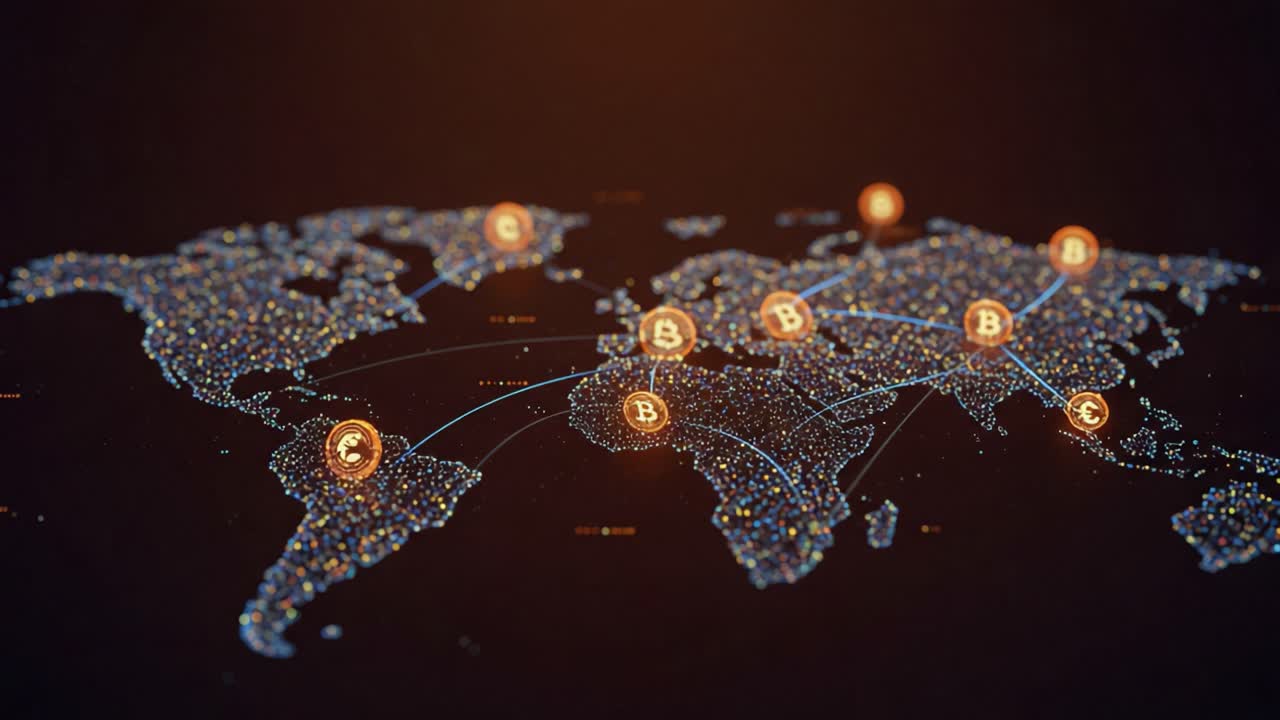 Visual Representation of Cryptocurrency Connections and Transactions Across a Global Map Featuring Bitcoin and Euro Symbols in a Networked Digital Environment