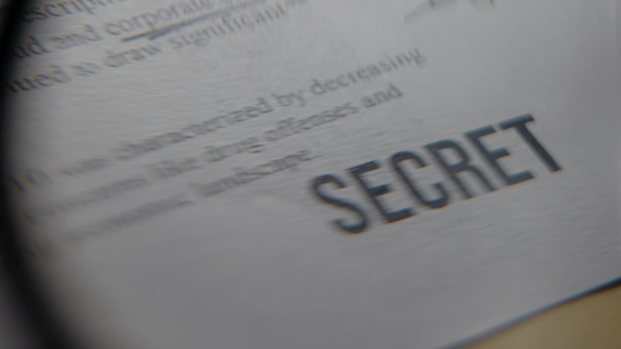 Lente d'ingrandimento ingrandisce l'etichetta del timbro di gomma con la dicitura "Segreto" per l'autorizzazione di sicurezza su un rapporto o documento governativo dall'aspetto classificato. File riservato trapelato ed esposto con informazioni di spionaggio sensibili.