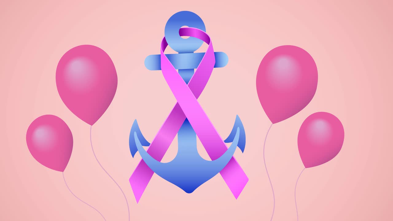 핑크 리본  ⁇ 커 로고 위에 날아다니는 분홍색 풍선의 애니메이션