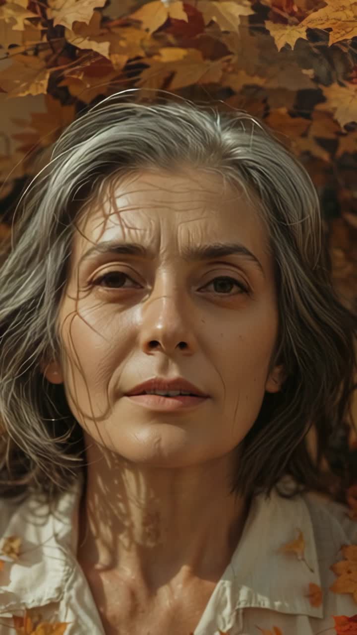 Vertical video: Opening eyes senior Eastern woman showing alert gaze in autumn garden, leaf blouse