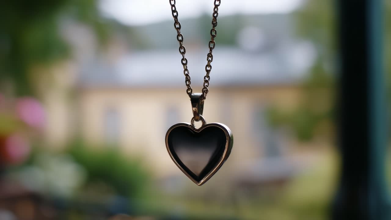 Una splendida collana con ciondolo a forma di cuore appesa delicatamente su uno sfondo sfocato, che cattura l'essenza dell'amore e dell'eleganza nel design di gioielli