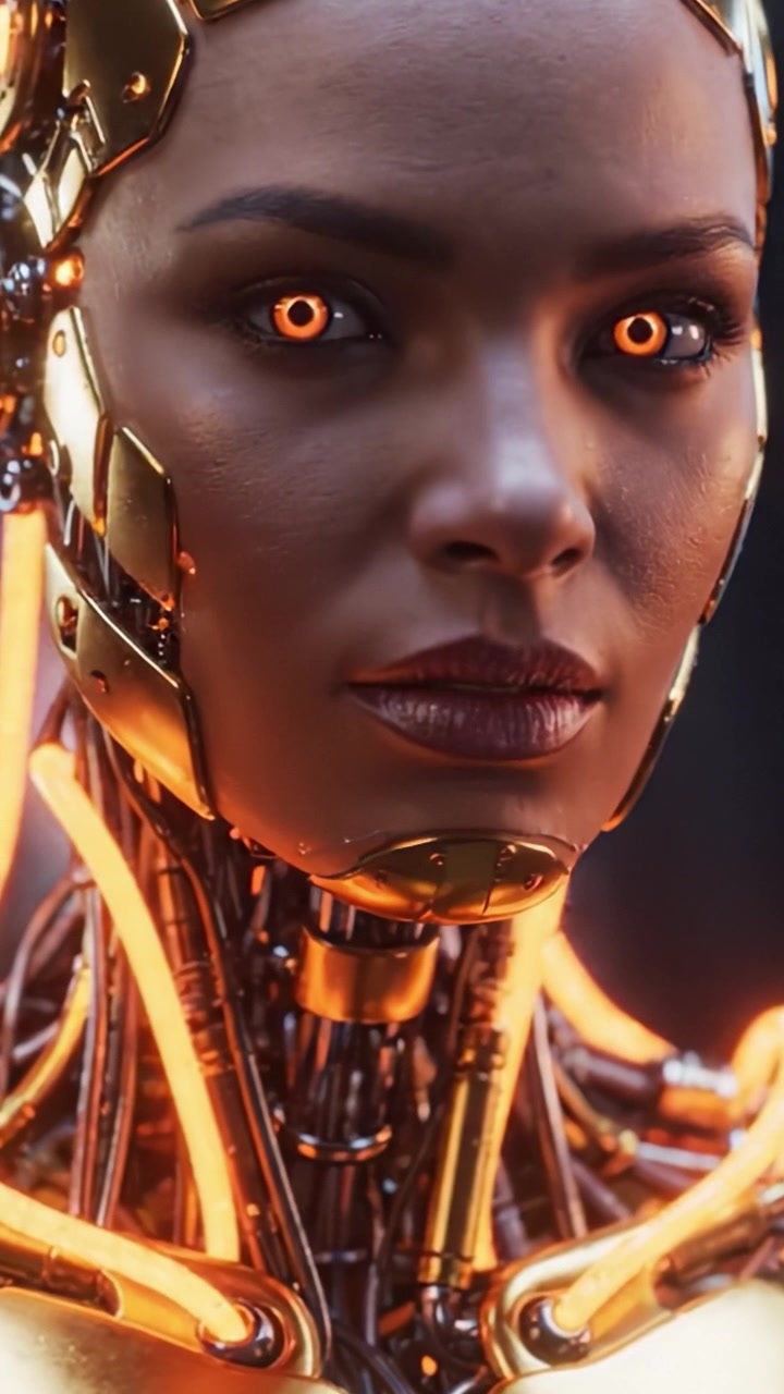 Un primo piano mozzafiato di una donna cibernetica futuristica con occhi arancioni incandescenti e intricati dettagli meccanici, che evidenzia la fusione tra tecnologia e umanità.