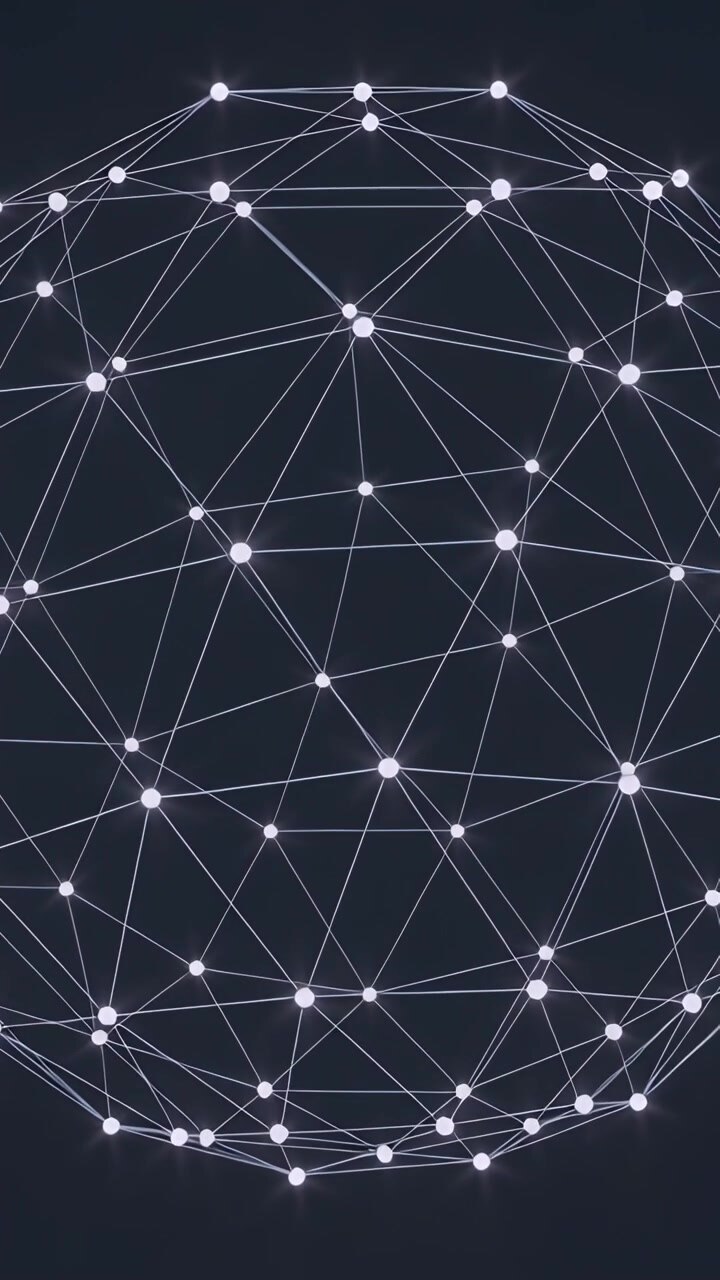 Video verticale: Avvio di una rete di sfere luminose che ruota nello spazio buio, rivelando gruppi di nodi illuminati.