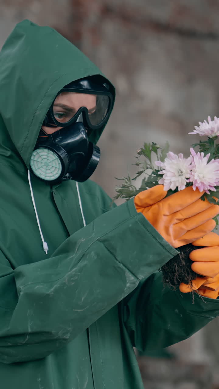 Nature in danger. Ecologist in safety suit and gas mask holding broken flowers in abandoned place. Biochemical attack. Polluted environment. Vertical video