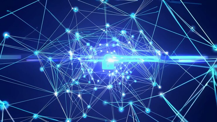 A digital network with a glowing lock at the center, captured from a high-angle view