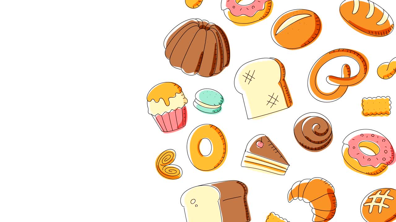 patrón de panadería en movimiento fondo dibujos animados ilustración de dibujo a mano aislada en fondo blanco animación de bucle sin costuras 4k, con espacio de copia central