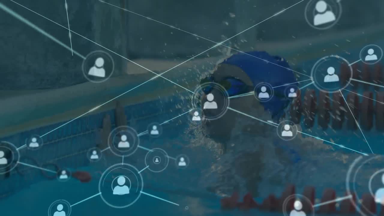 수영장에서 수영하는 여성 수영 선수에 대한 연결 아이콘의 네트워크