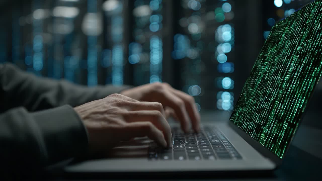 A Close-Up View of Hands Typing on a Laptop Displaying Code in a High-Tech Server Room with Futuristic Data Streams in the Background