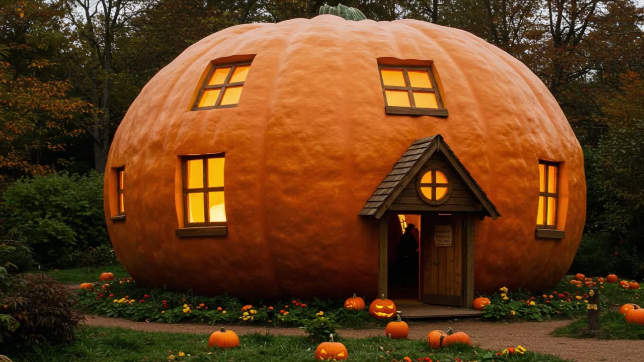 A Whimsical Pumpkin-Shaped House with Warm, Glowing Windows Surrounded by Vibrant Autumn Scenery and Playful Jack-o'-Lanterns in the Garden